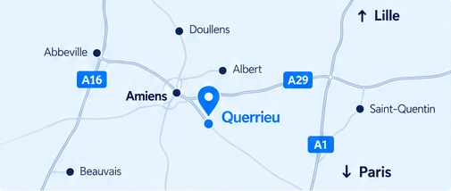 Carte de situation de LUKENDO à Querrieu, près d’Amiens : Albert, Doullens, Abbeville, Beauvais et Saint-Quentin ; axes A16, A29 et A1 vers Lille et Paris.
