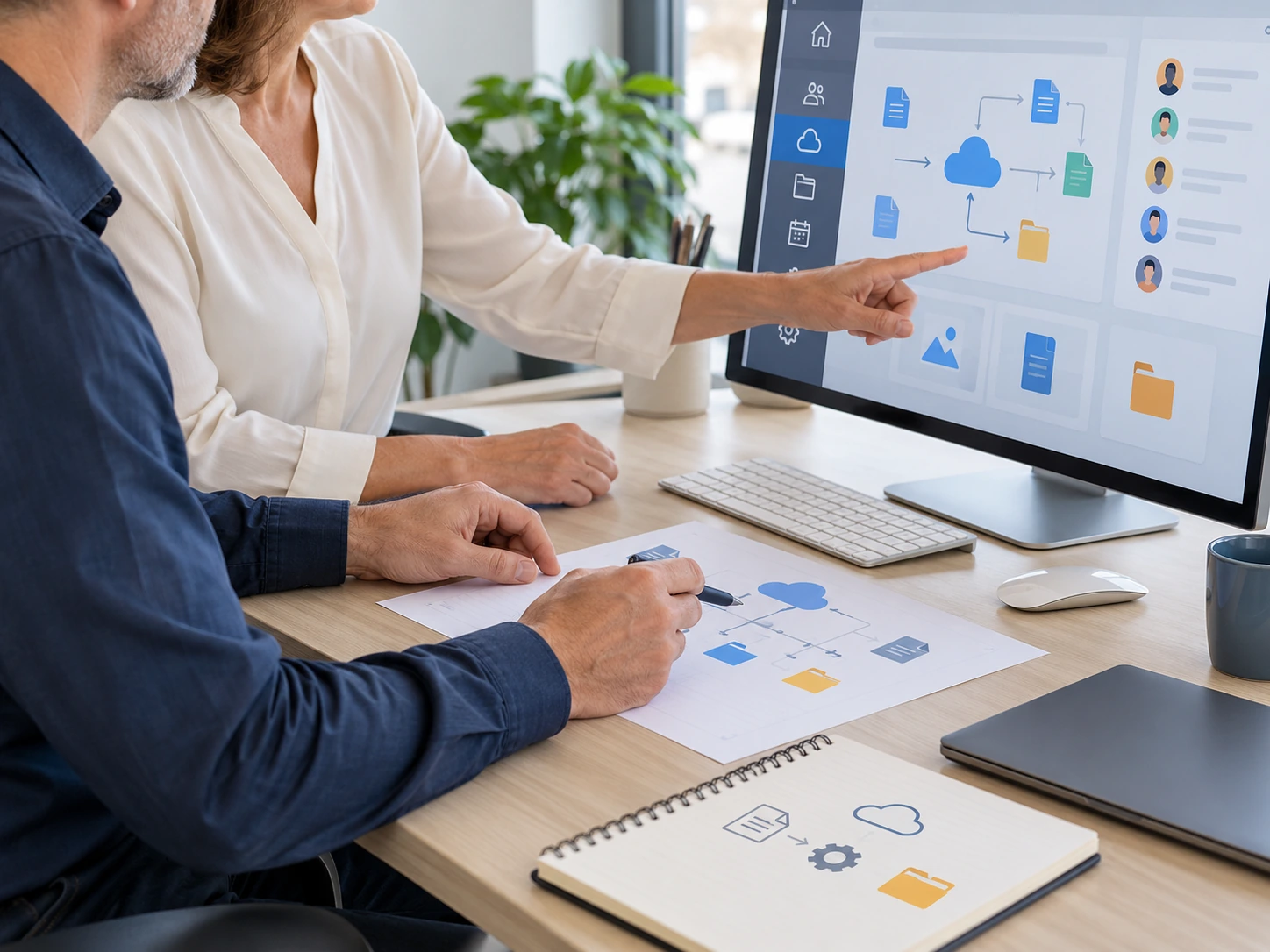 Illustration d’un consultant et d’une dirigeante examinant leurs outils collaboratifs et leurs processus